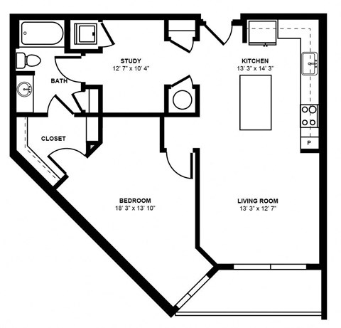 Floor plan for 1 bed, 1 bath, 919 sqft